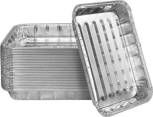 Disposable aluminum foil broiler pans for burgers, steaks, bacon, roasts, and vegetables, 25 pack, 13x9 inch.