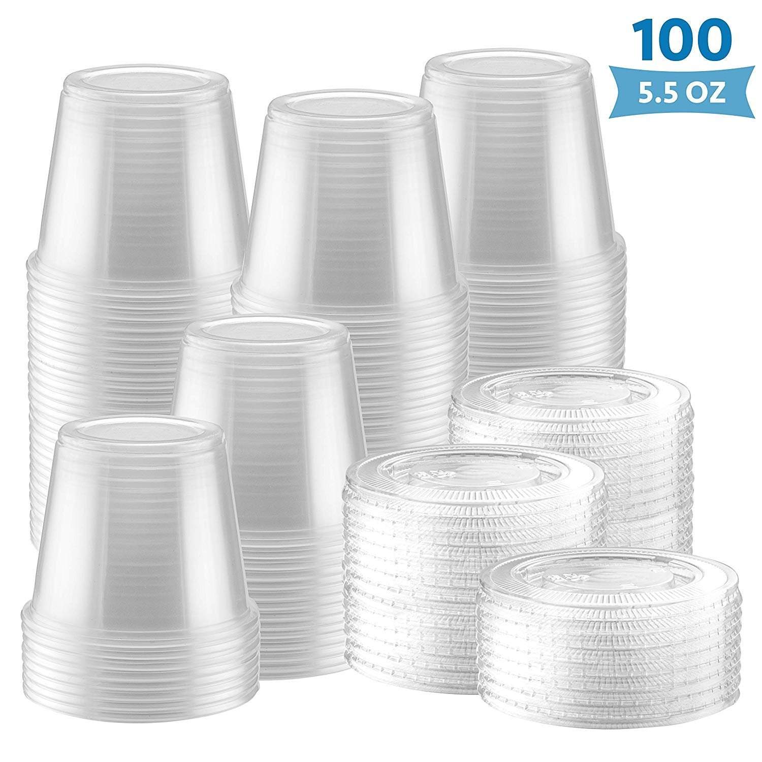 100 clear plastic jello shot cup containers with snap-on leak-proof lids, 5.5 oz, pack of 100.