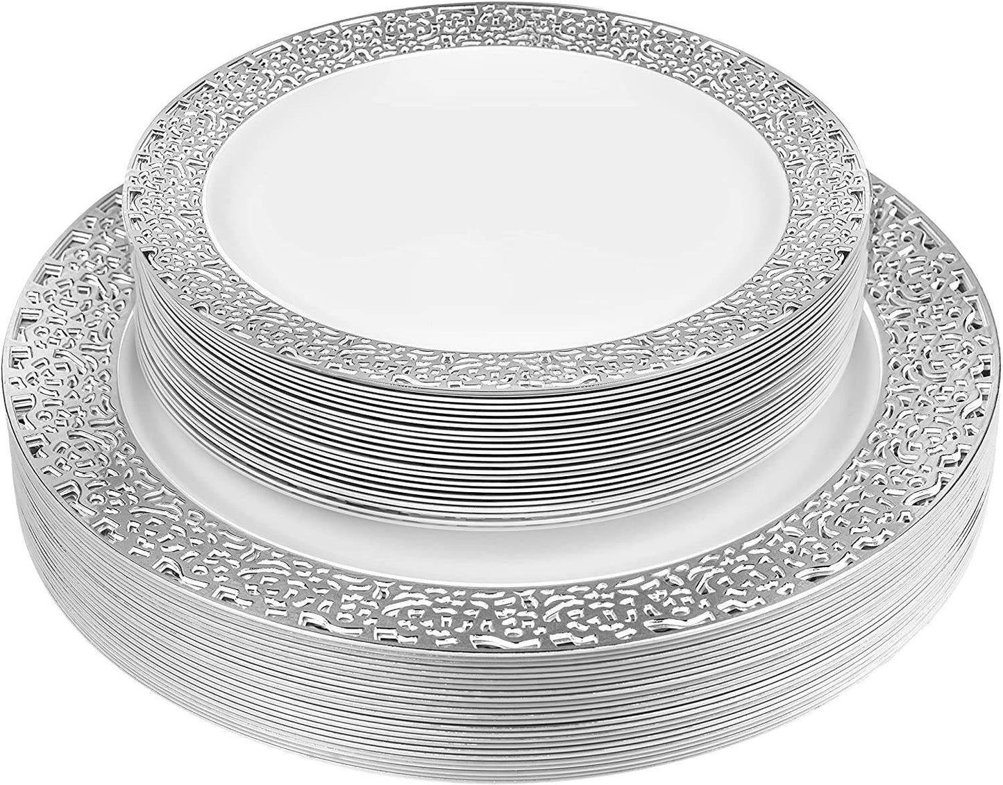 Elegant Plastic Dinner Plates Set | China Link Disposable Dinnerware Set With Beautiful White & Silver Lace Rims | Plate Set Comes With (25) 10.25'' Dinner Plates & (25) 7.25'' Salad Plates - NY-HI