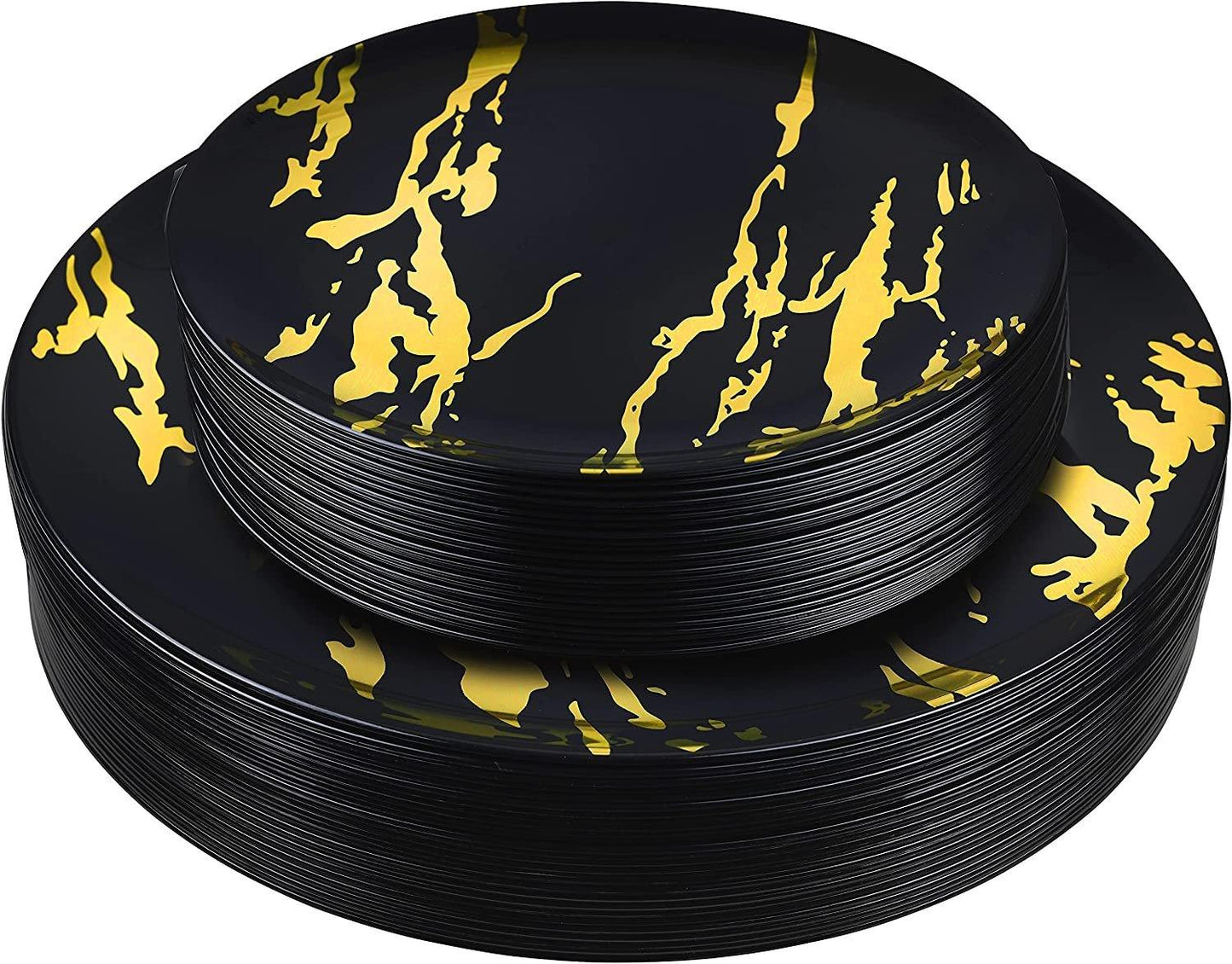 Elegant Plastic Dinner Plates Set | China Link Disposable Dinnerware Set With Beautiful Black & Gold Marble Design | Plate Set Comes With (25) 10.25'' Dinner Plates & (25) 7.25'' Salad Plates - NY-HI