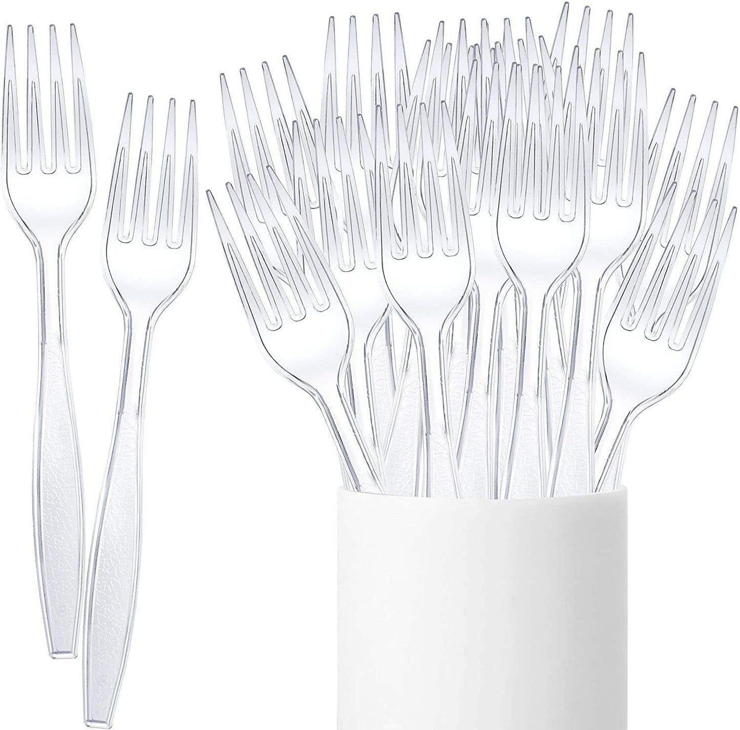 Heavyweight disposable clear plastic cutlery set in storage box.