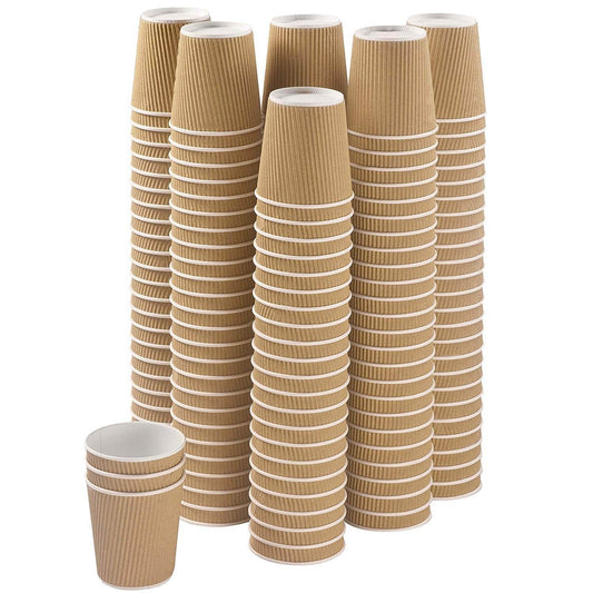 Set of 150 ripple insulated kraft 4-oz paper cups with 3-layer rippled wall for insulation.