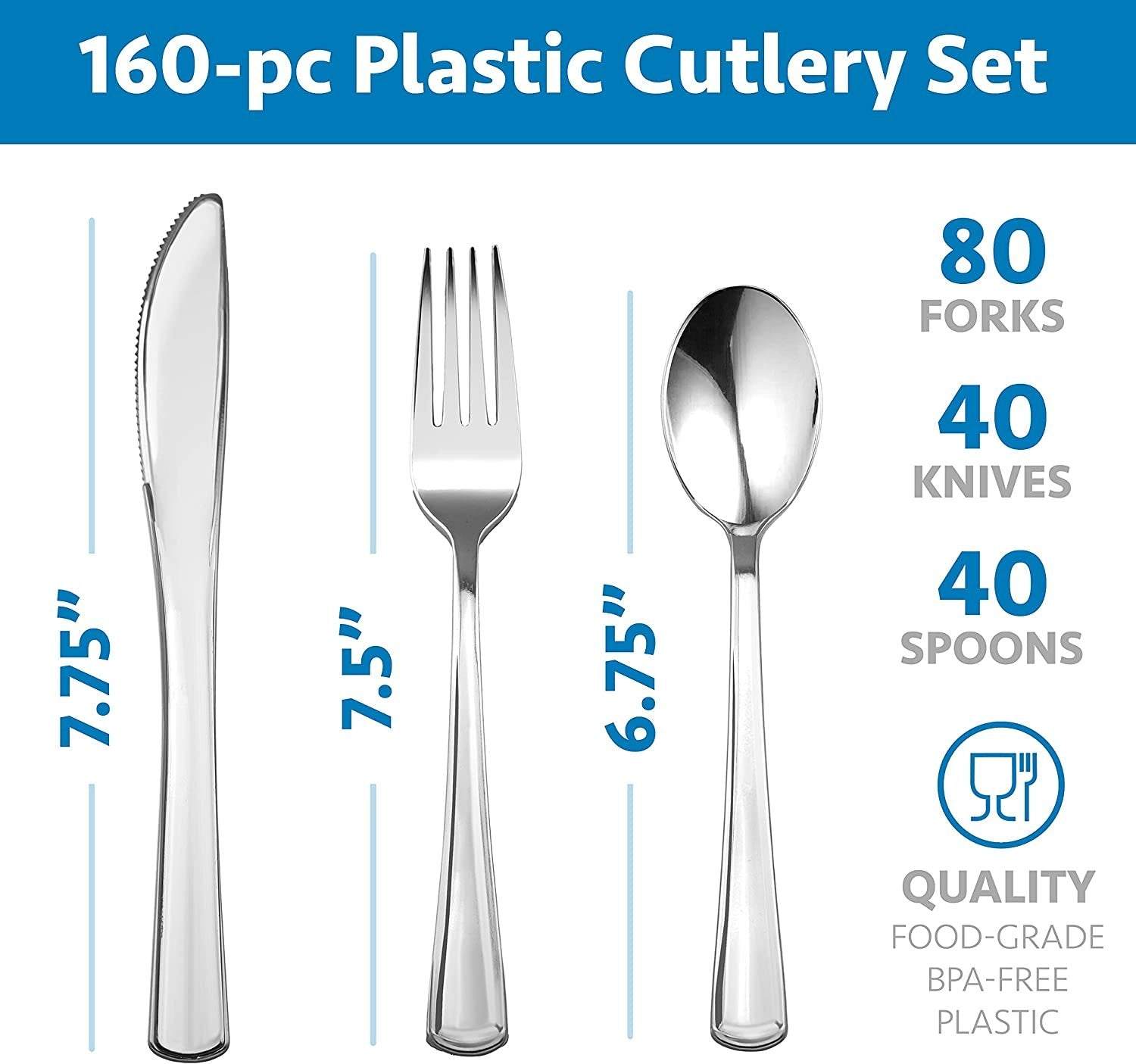 Heavy Duty Plastic Silverware Set | 160 Piece Disposable Cutlery Set Includes 80 Forks, 40 Knives & 40 Spoons | High End Plasticware Is Perfect For Catering, Parties, Dinners, Weddings & Everyday Use - NY-HI