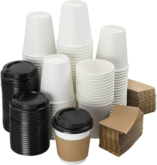 NYHI 200-Pack 8 oz white paper disposable cups with lids and sleeves.