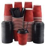 Set of 100 red disposable paper cups with black lids and straws, 10-oz ripple insulated kraft design for hot drinks, eco-friendly, recyclable, durable paper.