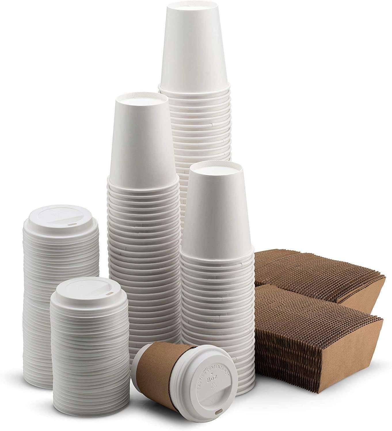 NYHI 200-Pack 8 oz white paper disposable cups with lids and sleeves for hot and cold beverages.