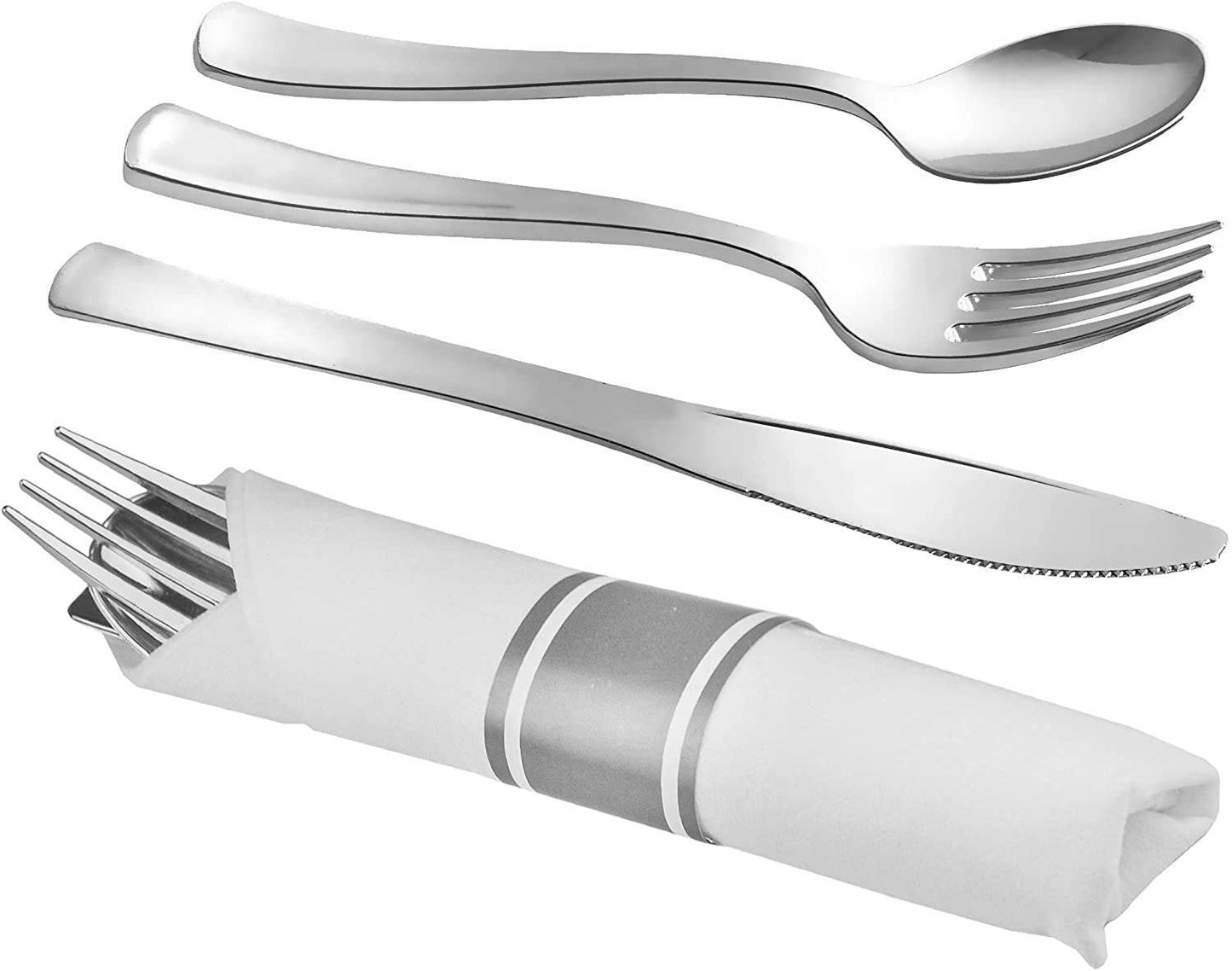 Elegant Plastic Silverware Set | 25 Each Heavyweight Disposable Forks, Knives & Spoons Beautifully Presented In Pre Rolled Party Napkins Premium Single Use Cutlery For Formal & Casual Events | Silver - NY-HI