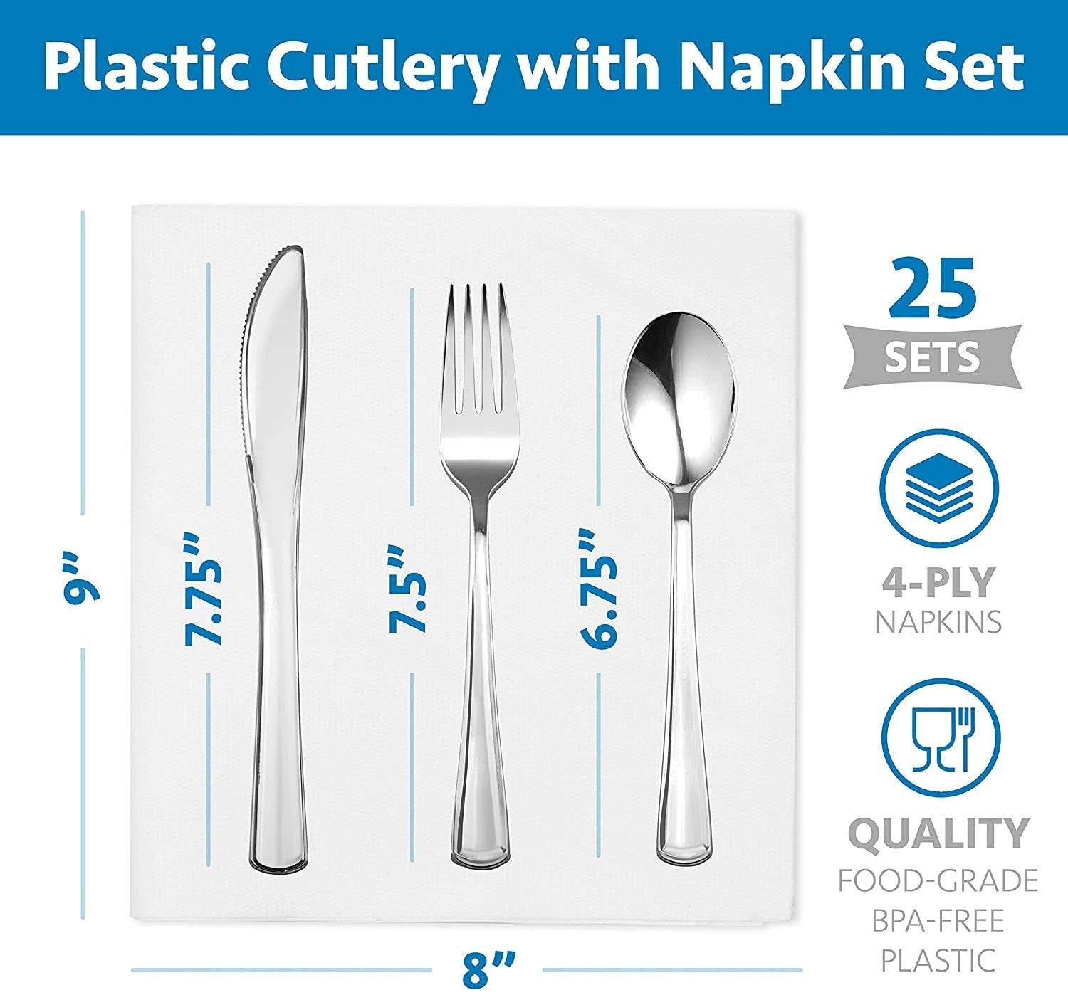 Elegant Plastic Silverware Set | 25 Each Heavyweight Disposable Forks, Knives & Spoons Beautifully Presented In Pre Rolled Party Napkins Premium Single Use Cutlery For Formal & Casual Events | Silver - NY-HI
