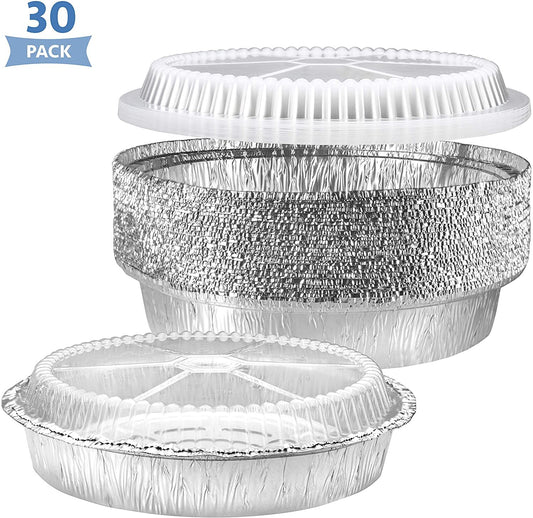 NYHI Round Aluminum Foil Pans 9-Inch | Disposable Tin Foil Pans with Clear Plastic Lids | Heavy-Duty Food Container Pie Dish Safe for Freezer & Oven | 30 Pack - NY-HI