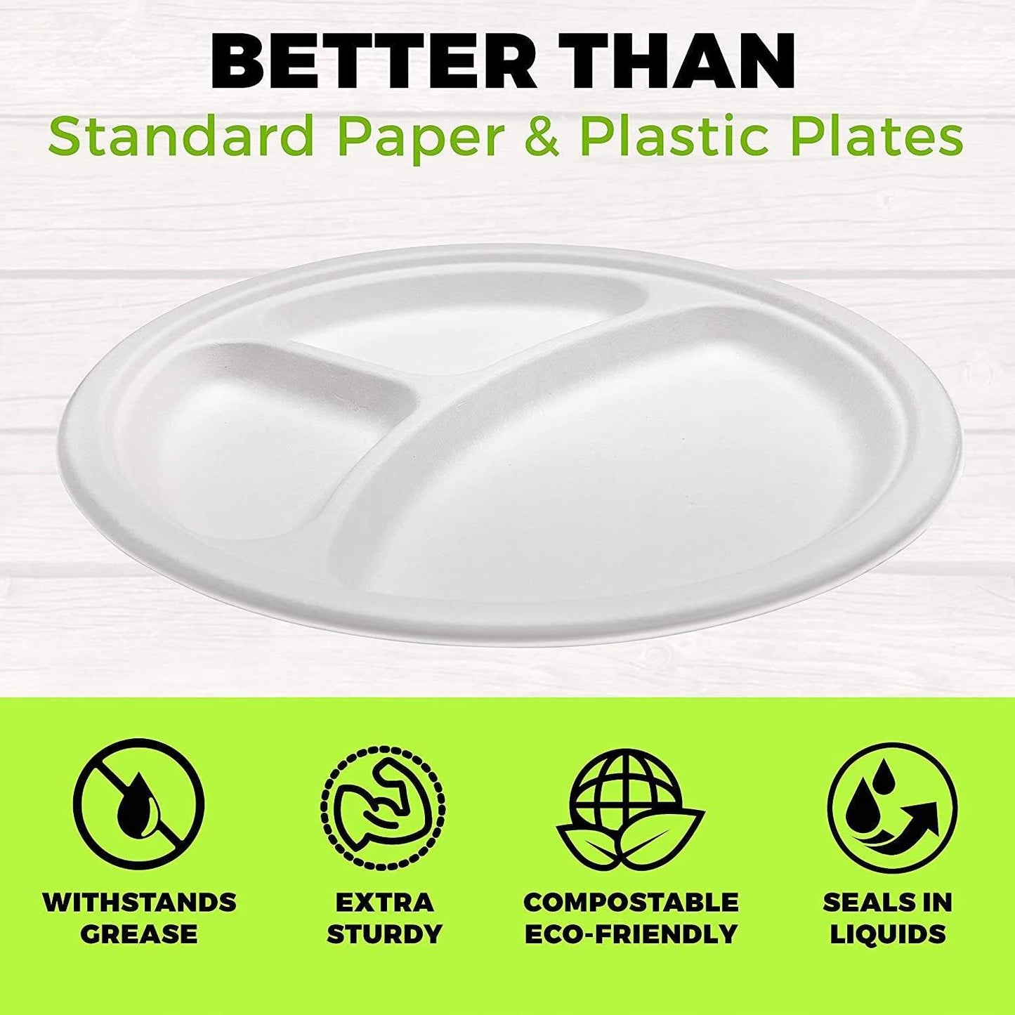 Heavy Duty Compartment Plates | 10 Inch Disposable 3 Compartment Divided Plates For Adults & Kids | White Eco Friendly Sugarcane Paper Plates Are Cut & Leak Resistant | 125 Pack - NY-HI