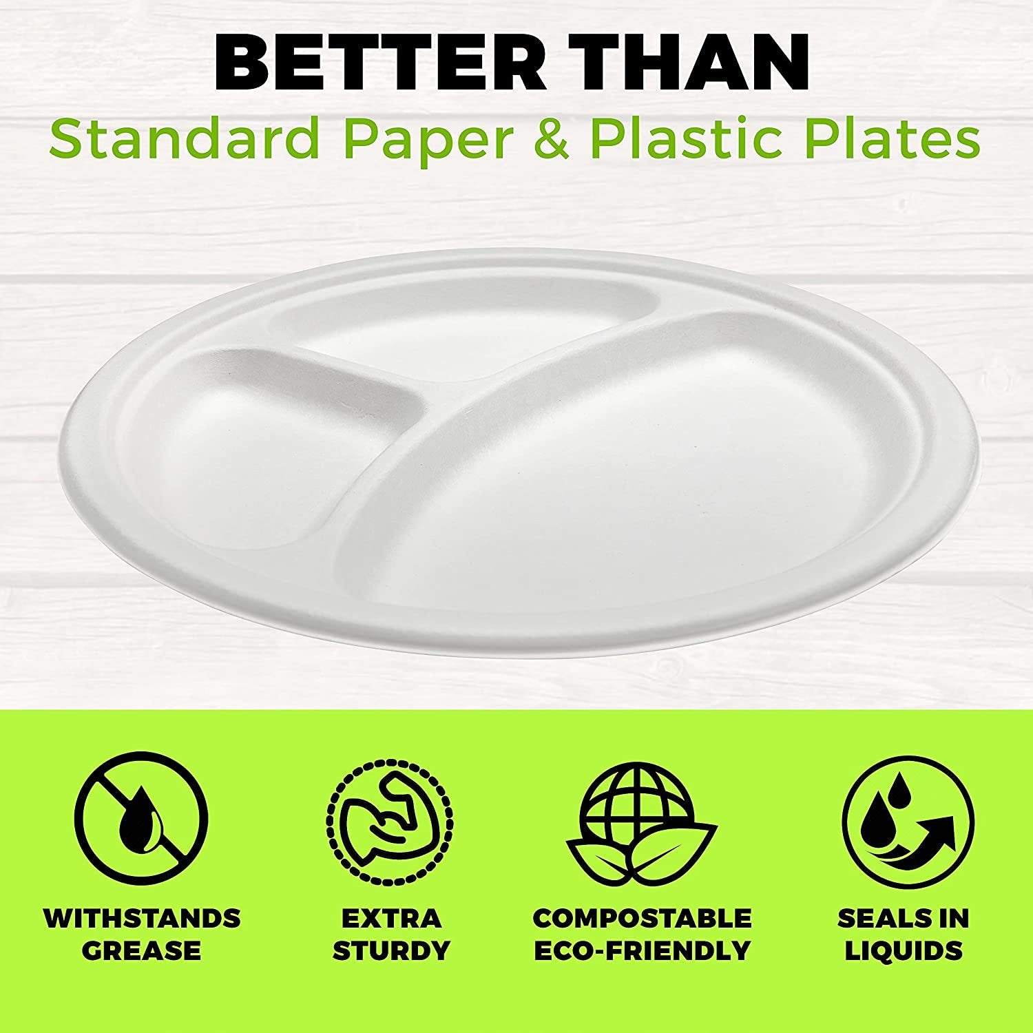 Heavy Duty Compartment Plates | 10 Inch Disposable 3 Compartment Divided Plates For Adults & Kids | White Eco Friendly Sugarcane Paper Plates Are Cut & Leak Resistant | 125 Pack - NY-HI