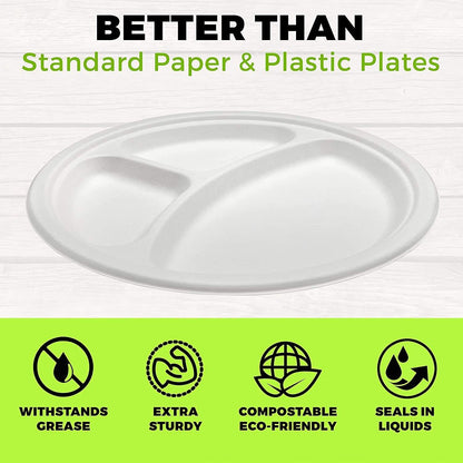 Heavy Duty Compartment Plates | 10 Inch Disposable 3 Compartment Divided Plates For Adults & Kids | White Eco Friendly Sugarcane Paper Plates Are Cut & Leak Resistant | 125 Pack - NY-HI