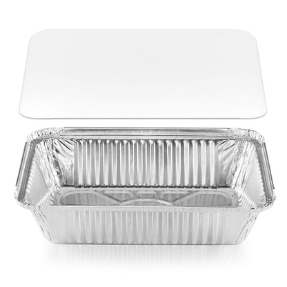 NYHI 50-Pack Heavy Duty Disposable Aluminum Oblong Foil Pans with Lid Covers Recyclable Tin Food Storage Tray Extra-Sturdy Containers for Cooking, Baking, Meal Prep, Takeout - 8.4" x 5.9" - 2.25lb - Singleware 