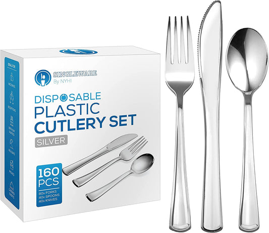 Heavy Duty Plastic Silverware Set | 160 Piece Disposable Cutlery Set Includes 80 Forks, 40 Knives & 40 Spoons | High End Plasticware Is Perfect For Catering, Parties, Dinners, Weddings & Everyday Use - NY-HI