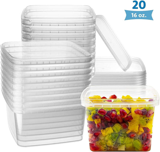 16-oz square clear deli containers with lids, stackable and tamper-proof, BPA-free food storage, 20 pack.