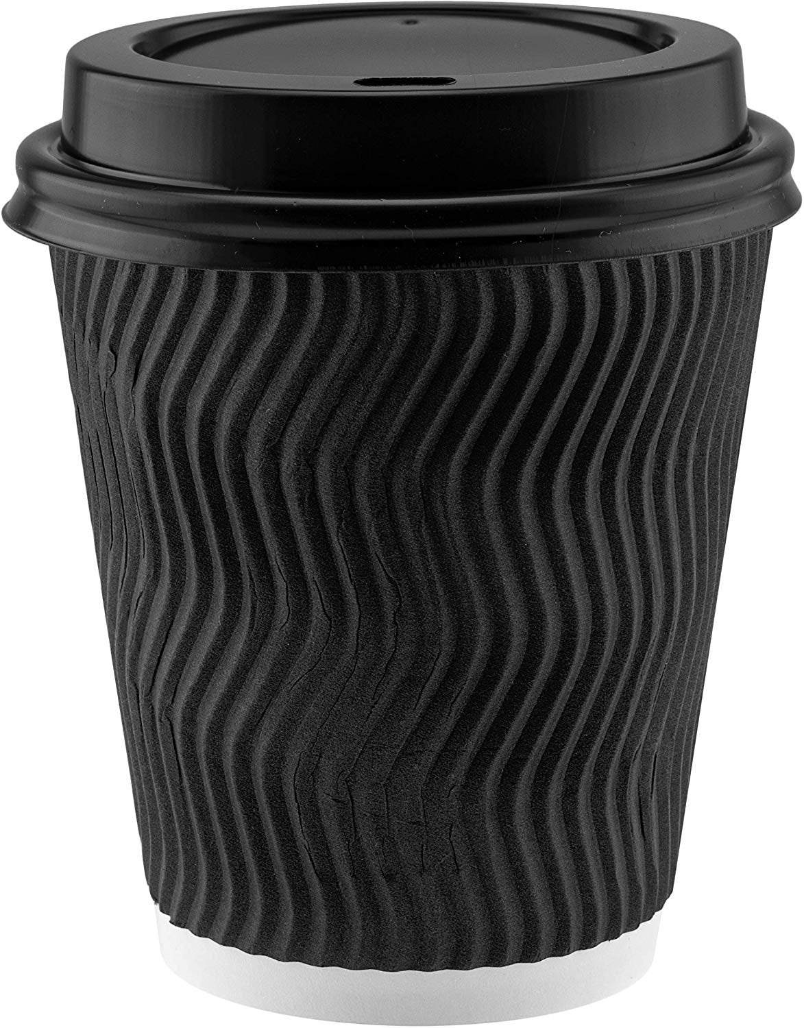 NYHI Set of 100 Black Disposable Paper Cups with Black Lids and Straws (8-oz) | Ripple Insulated Kraft for Hot Drinks - Tea & Coffee | Triple Layer Design | Eco- Friendly, Recyclable, Durable Paper - NY-HI