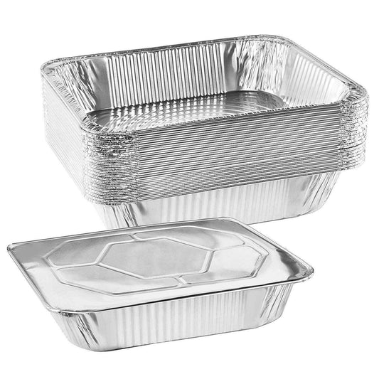 NYHI 9" x 13 ” Aluminum Foil Pans With Lids (10 Pack) | Durable Disposable Grill Drip Grease Tray | Half-Size Deep Steam Pan and Oven Buffet Trays | Food Containers for Catering, Baking, Roasting - NY-HI