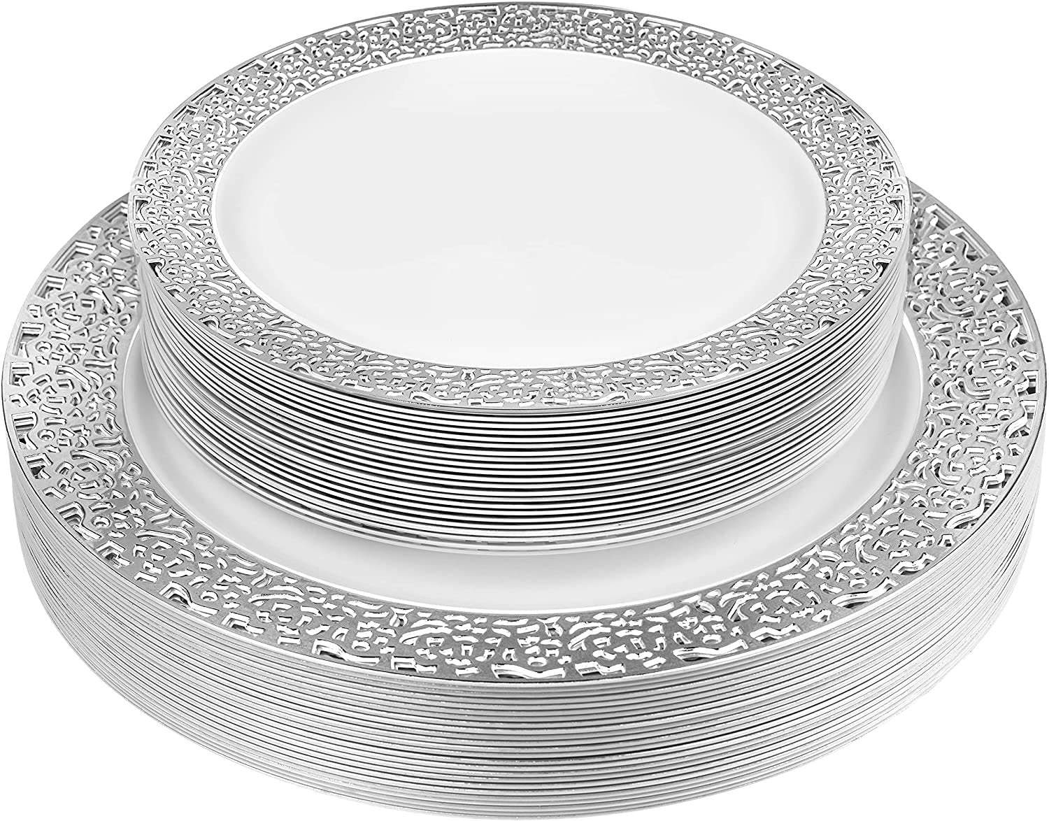 Elegant Plastic Dinner Plates Set | China Link Disposable Dinnerware Set With Beautiful White & Silver Lace Rims | Plate Set Comes With (25) 10.25'' Dinner Plates & (25) 7.25'' Salad Plates - NY-HI