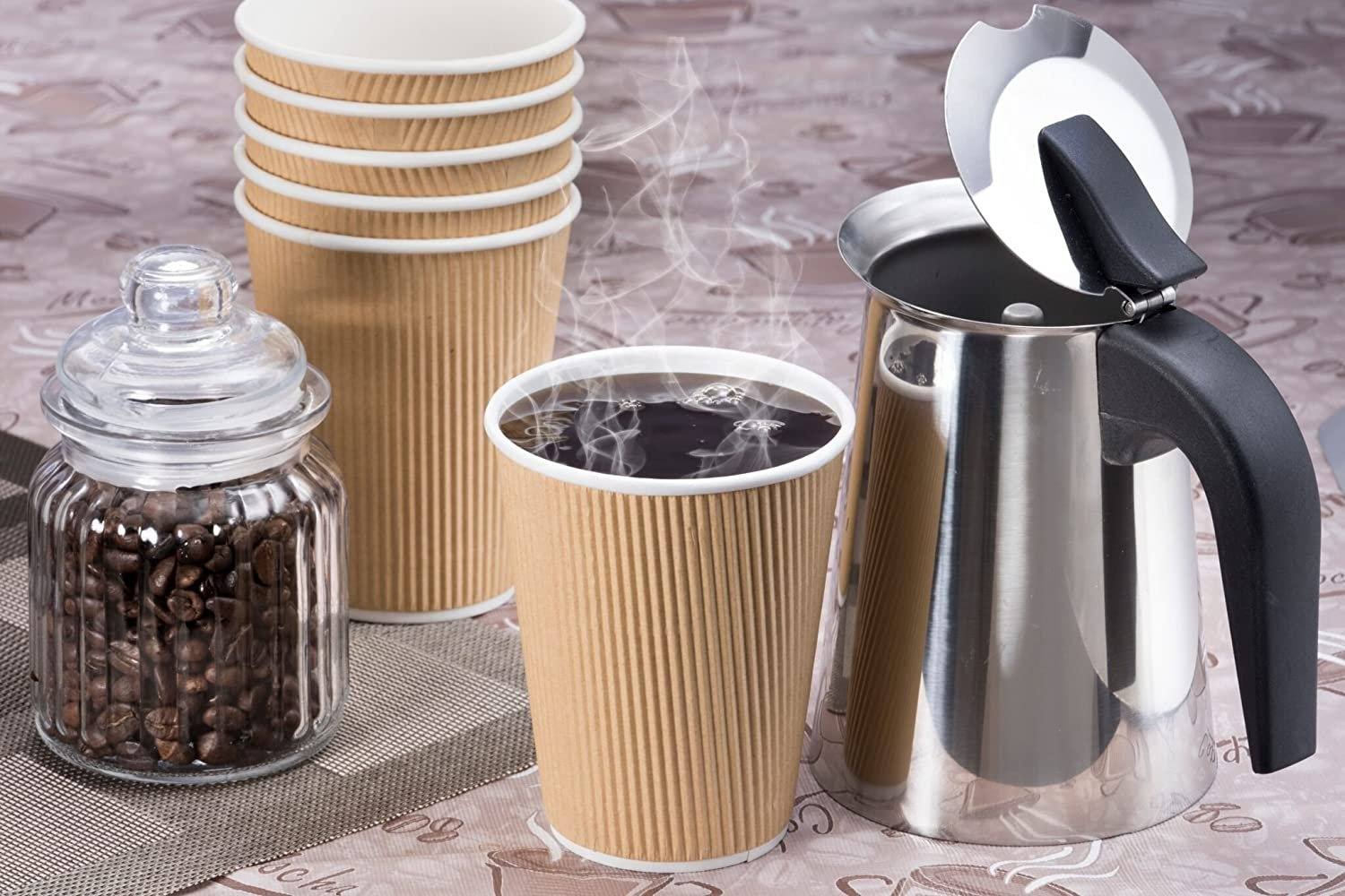 NYHI Set of 100 Brown Disposable Paper Cups with White Lids (10-oz) | Ripple Insulated Kraft for Hot Drinks - Tea & Coffee | Triple Layer Design | Eco- Friendly, Recyclable, Durable Paper - NY-HI