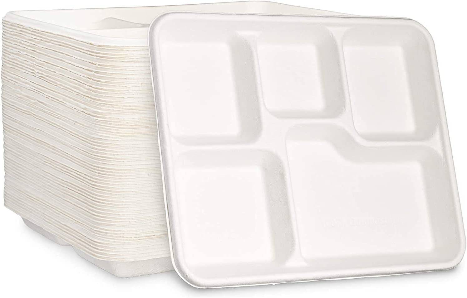 White eco-friendly sugarcane paper plates with 5 compartments, 125 pack, cut and leak resistant.