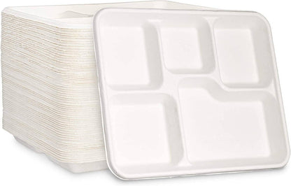 White eco-friendly sugarcane paper plates with 5 compartments, 125 pack, cut and leak resistant.