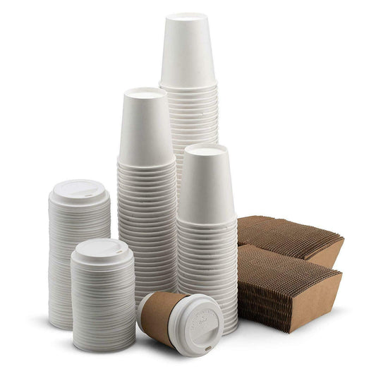 NYHI 100-Pack 10 oz White Paper Disposable Cups With Lids And Sleeves– Hot / Cold Beverage Drinking Cup for Water, Juice, Coffee or Tea – Ideal for Water Coolers, Party, or Coffee On the Go’ - NY-HI