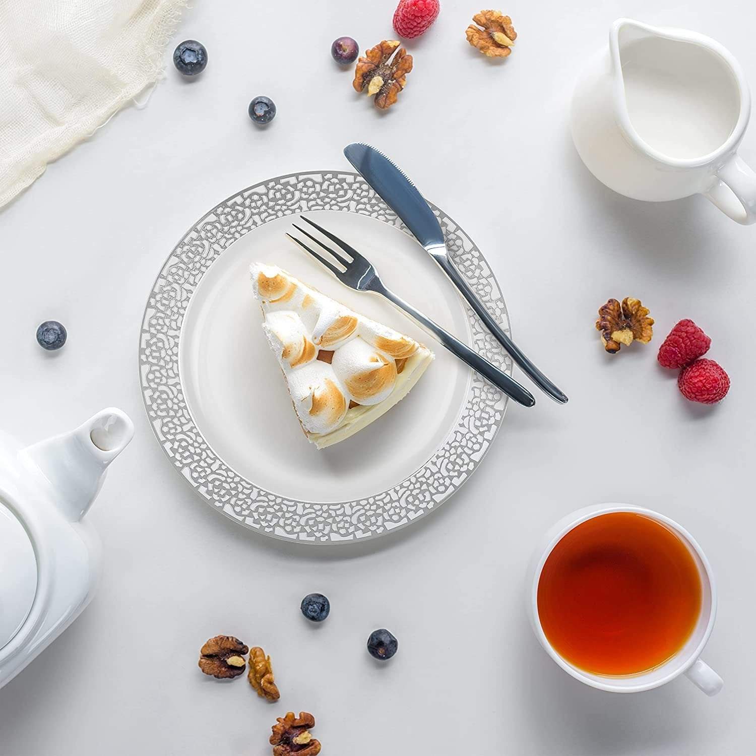 Elegant Plastic Dinner Plates Set | China Link Disposable Dinnerware Set With Beautiful White & Silver Lace Rims | Plate Set Comes With (25) 10.25'' Dinner Plates & (25) 7.25'' Salad Plates - NY-HI