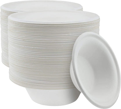 Compostable bowls made from eco-friendly sugarcane, ideal for dinner, appetizers, camping, catering, and concession stands; 125 pack, 12 oz.