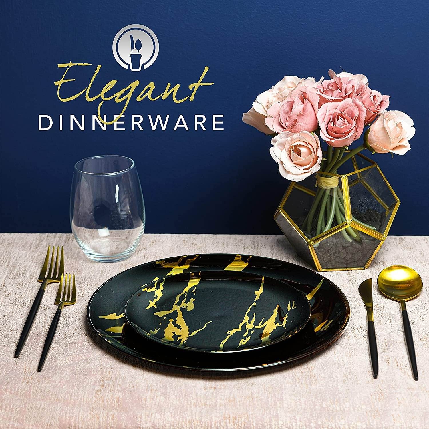Elegant Plastic Dinner Plates Set | China Link Disposable Dinnerware Set With Beautiful Black & Gold Marble Design | Plate Set Comes With (25) 10.25'' Dinner Plates & (25) 7.25'' Salad Plates - NY-HI