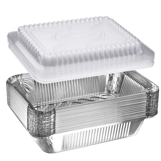 NYHI 30-Pack Heavy Duty Disposable Aluminum Oblong Foil Pans with Plastic Covers Recyclable Tin Food Storage Tray Extra-Sturdy Containers for Cooking, Baking, Meal Prep, Takeout - 8.4" x 5.9" - 2.25lb - NY-HI