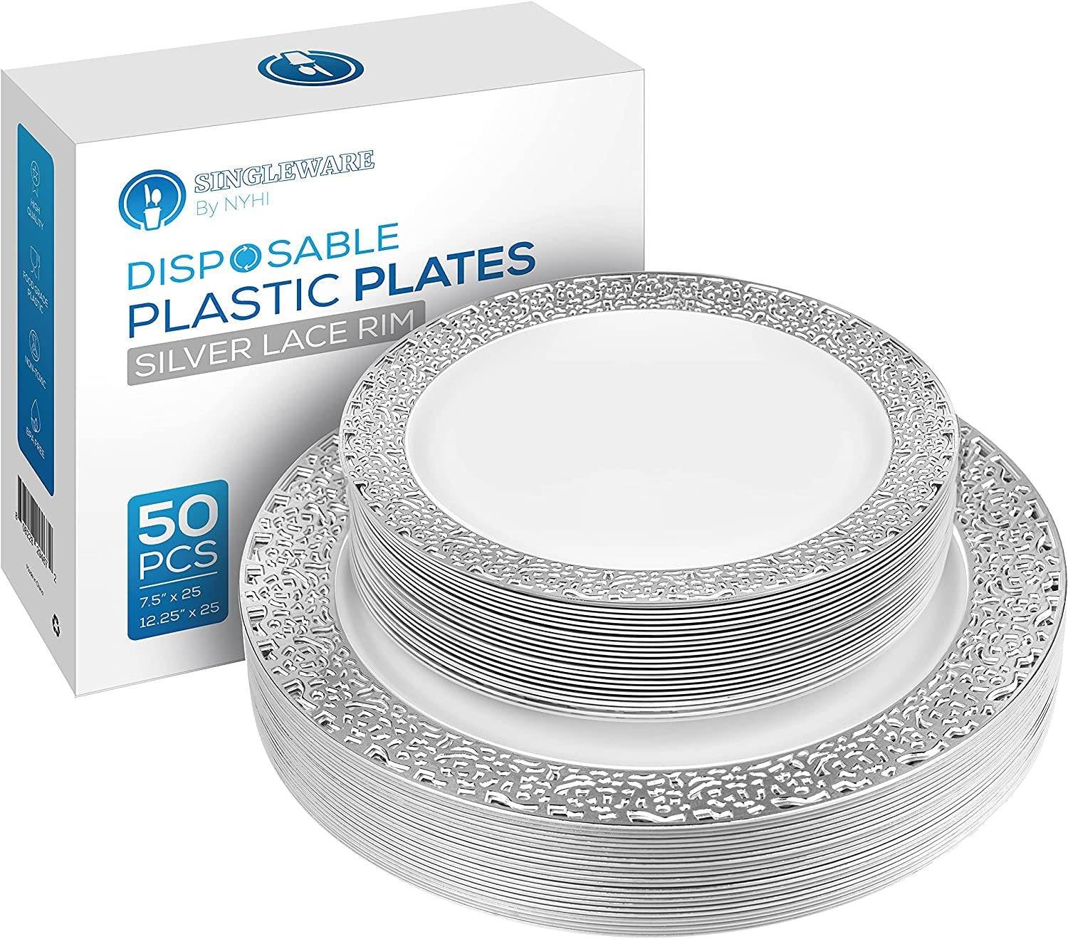 Elegant disposable dinnerware set with beautiful white and silver lace rims, including 25 dinner and 25 salad plates.
