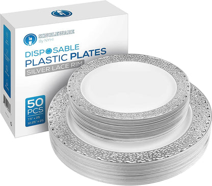 Elegant disposable dinnerware set with beautiful white and silver lace rims, including 25 dinner and 25 salad plates.