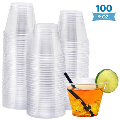 NYHI 100-Pack 9 oz clear plastic cups ideal for parties and events, BPA-free disposable tumblers.