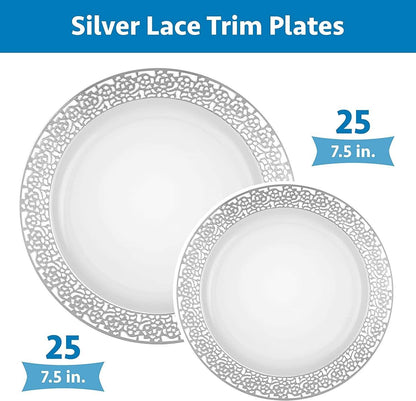 Elegant Plastic Dinner Plates Set | China Link Disposable Dinnerware Set With Beautiful White & Silver Lace Rims | Plate Set Comes With (25) 10.25'' Dinner Plates & (25) 7.25'' Salad Plates - NY-HI
