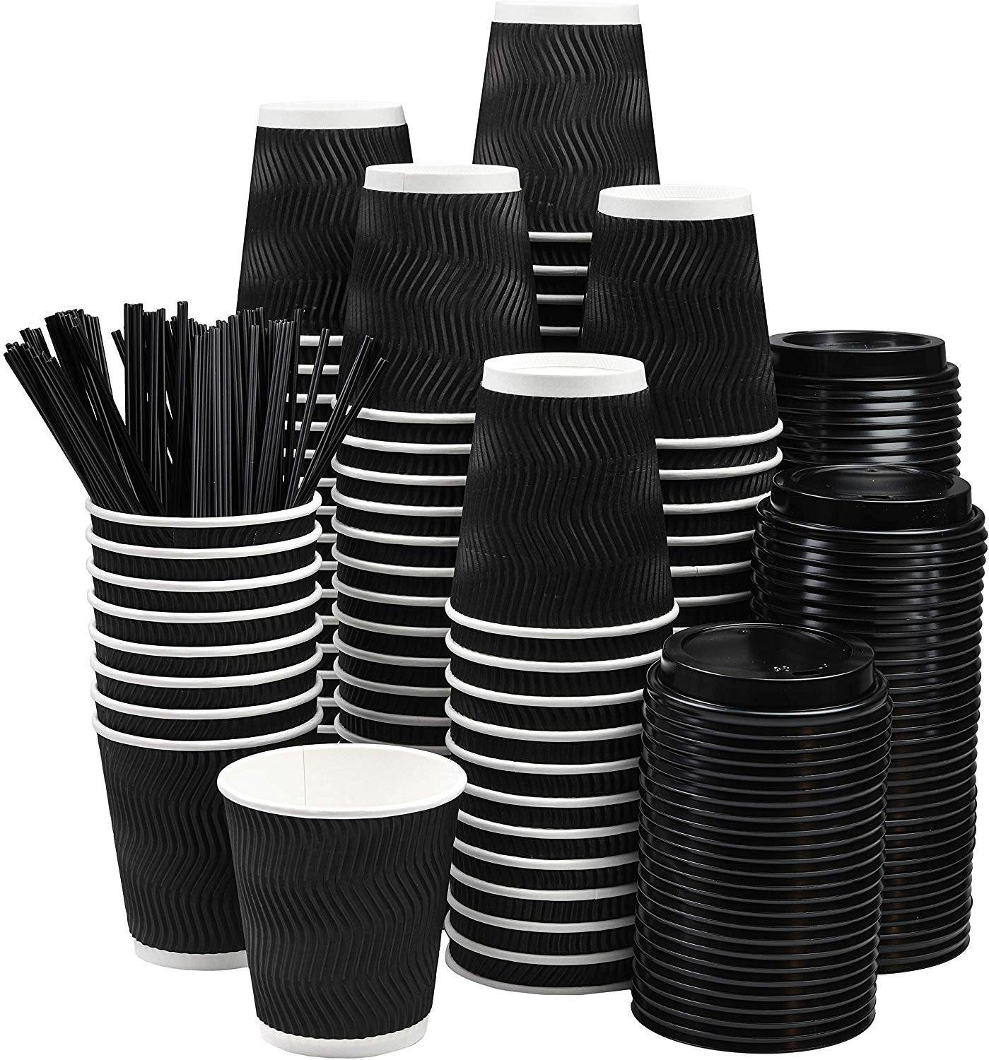 NYHI 100Pc black disposable paper cups with lids and straws, ripple design for hot drinks.