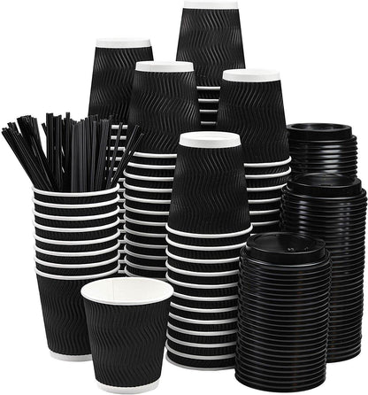 NYHI 100Pc black disposable paper cups with lids and straws, ripple design for hot drinks.