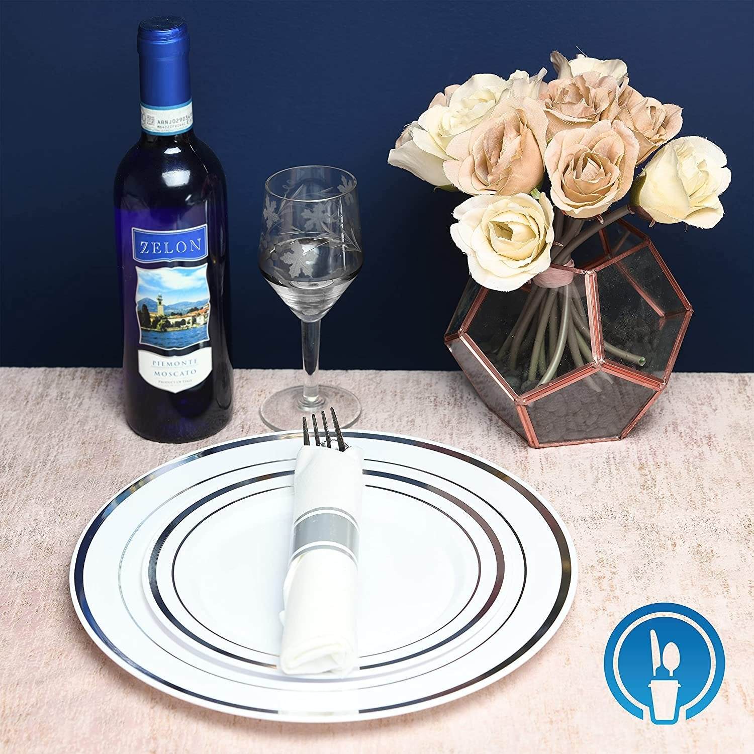 Elegant Plastic Silverware Set | 25 Each Heavyweight Disposable Forks, Knives & Spoons Beautifully Presented In Pre Rolled Party Napkins Premium Single Use Cutlery For Formal & Casual Events | Silver - NY-HI