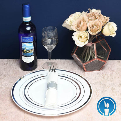 Elegant Plastic Silverware Set | 25 Each Heavyweight Disposable Forks, Knives & Spoons Beautifully Presented In Pre Rolled Party Napkins Premium Single Use Cutlery For Formal & Casual Events | Silver - NY-HI