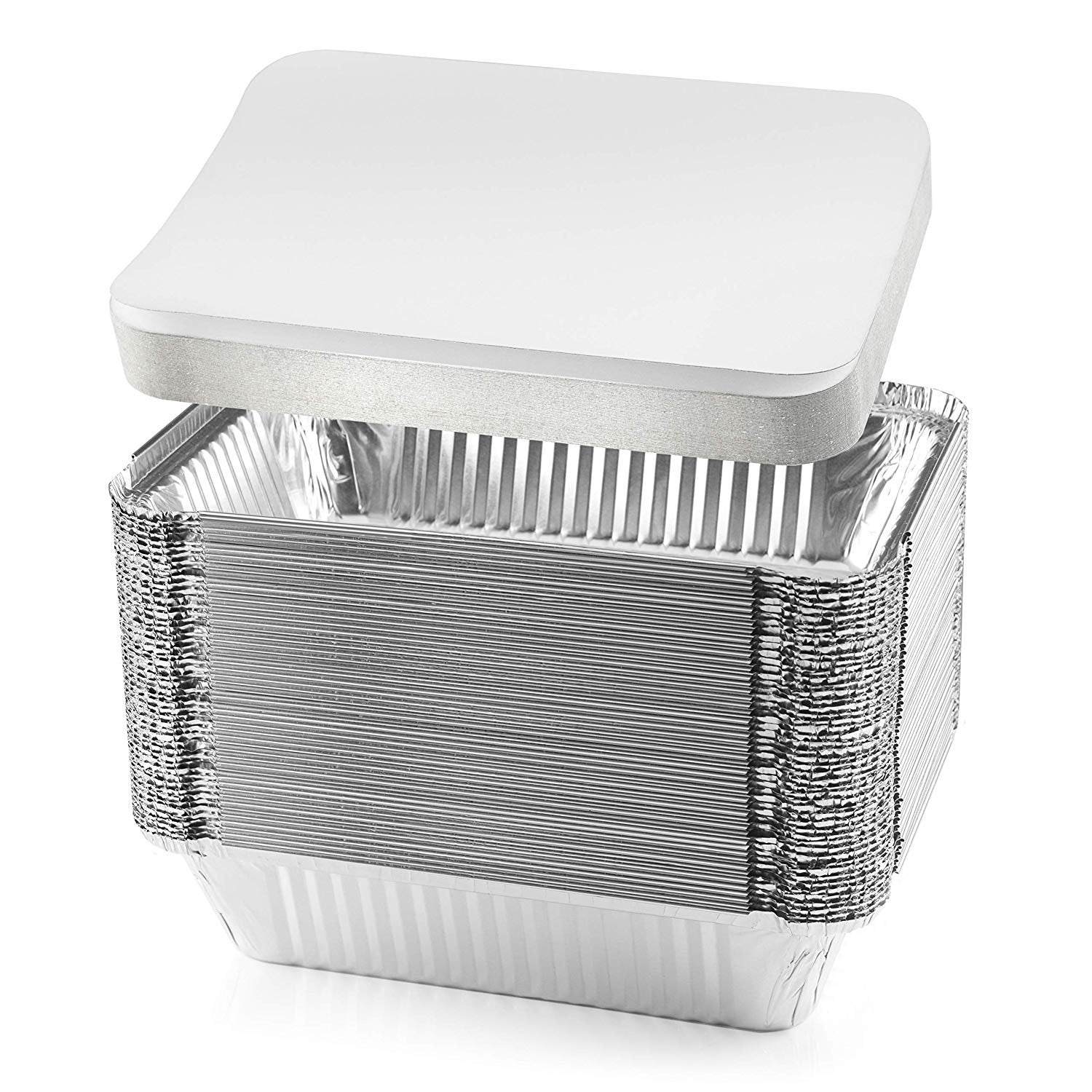NYHI 50-Pack Heavy Duty Disposable Aluminum Oblong Foil Pans with Lid Covers Recyclable Tin Food Storage Tray Extra-Sturdy Containers for Cooking, Baking, Meal Prep, Takeout - 8.4" x 5.9" - 2.25lb - Singleware 