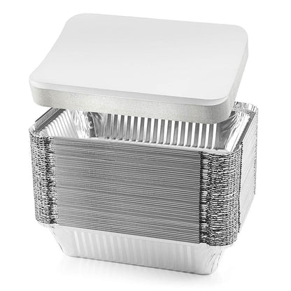 NYHI 50-Pack Heavy Duty Disposable Aluminum Oblong Foil Pans with Lid Covers Recyclable Tin Food Storage Tray Extra-Sturdy Containers for Cooking, Baking, Meal Prep, Takeout - 8.4" x 5.9" - 2.25lb - Singleware 
