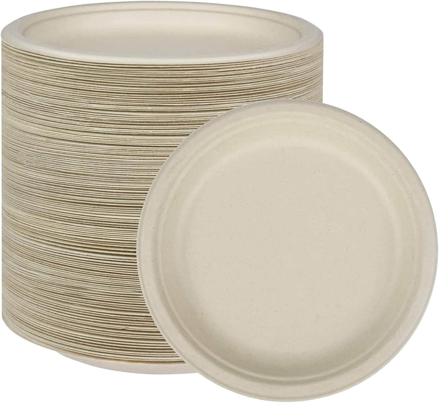 Brown eco-friendly sugarcane paper plates, 10-inch disposable, 125 pack, cut and leak resistant.
