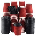 NYHI Set of 100 Red Disposable Paper Cups with Black Lids and Straws (10-oz) | Ripple Insulated Kraft for Hot Drinks - Tea & Coffee | Triple Layer Design | Eco- Friendly, Recyclable, Durable Paper - Singleware 