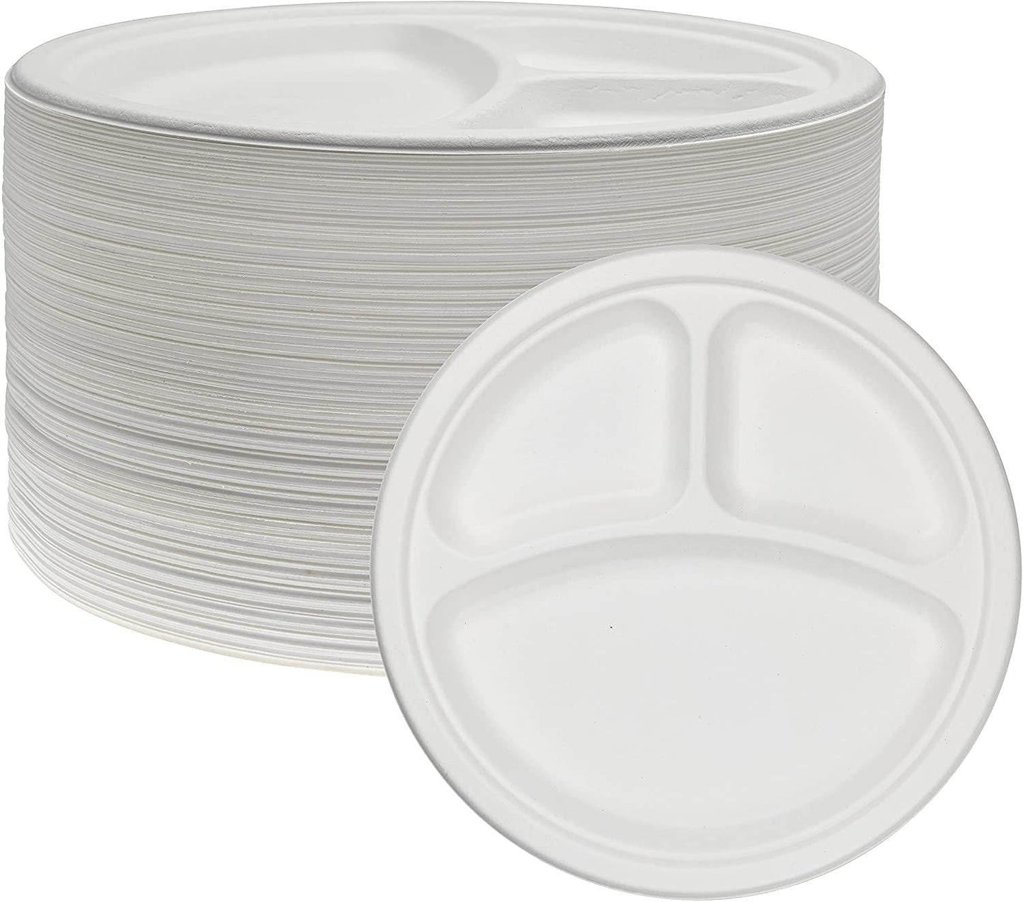 10 Inch Disposable 3 Compartment Divided Plates, Eco-Friendly Sugarcane, 125 Pack