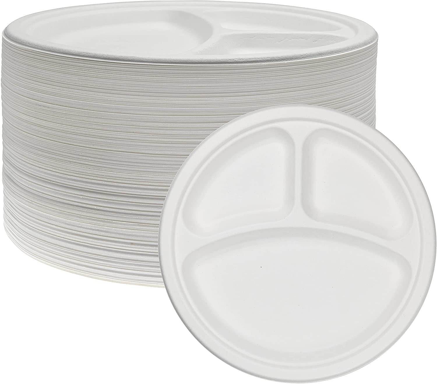 10 Inch Disposable 3 Compartment Divided Plates, Eco-Friendly Sugarcane, 125 Pack