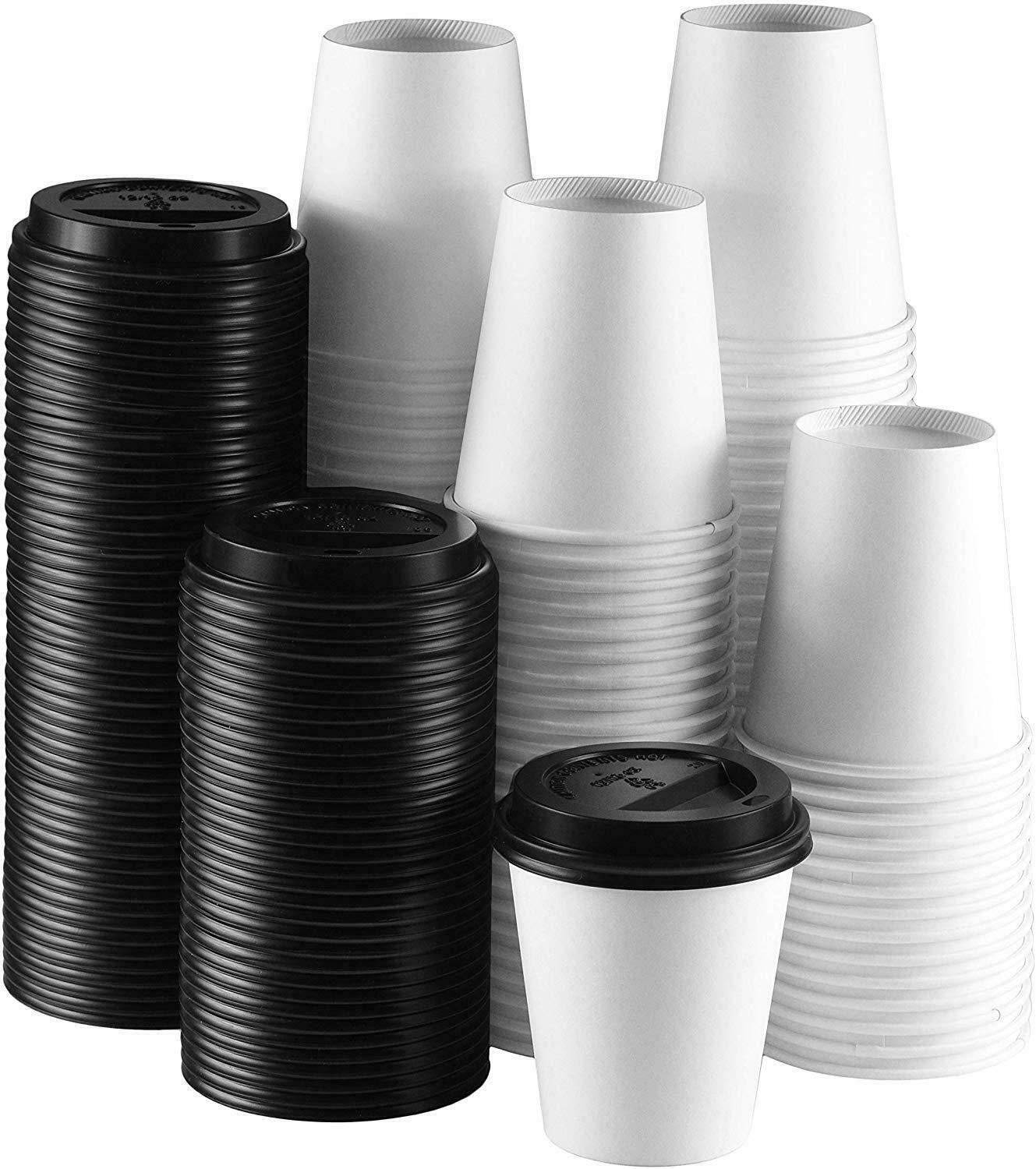 Disposable 12 oz paper hot cups with black lids, 100 count, leak-resistant.