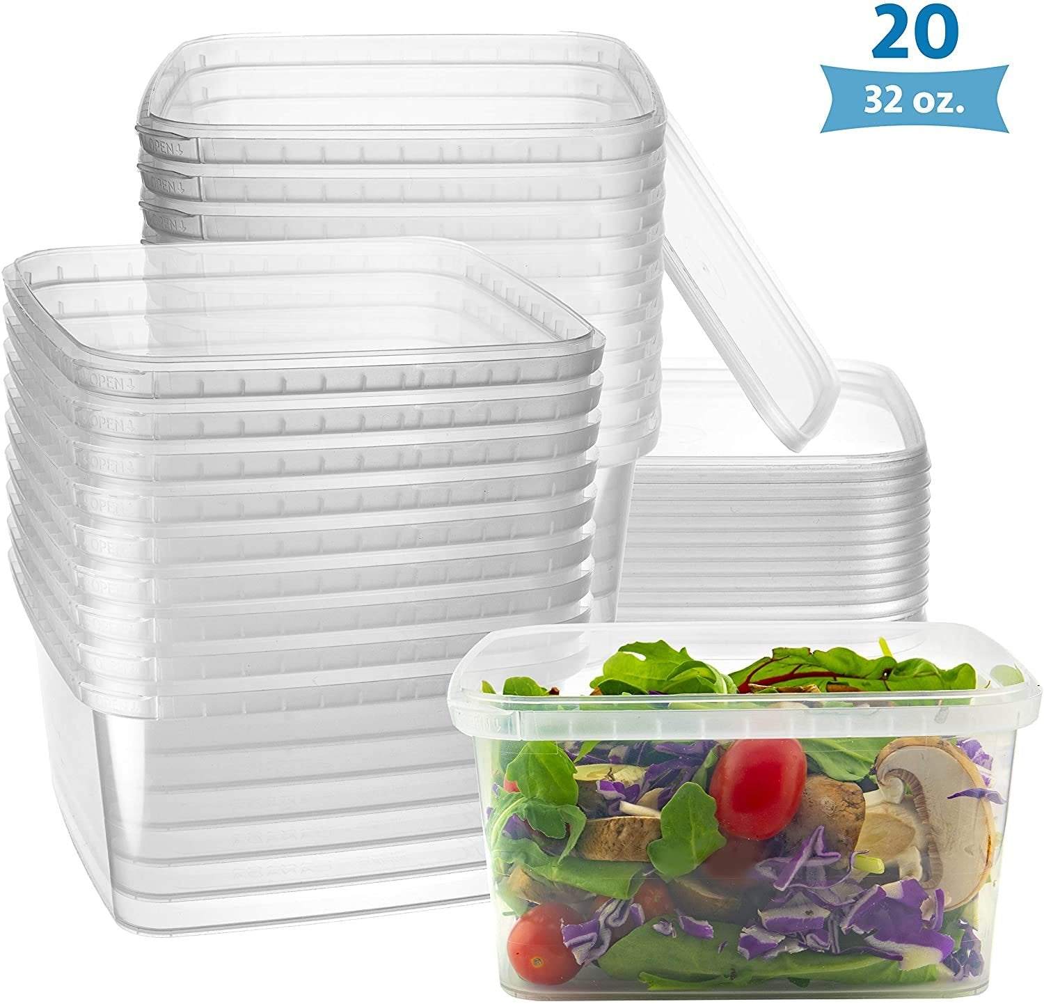 32-oz square clear deli containers with lids, stackable tamper-proof BPA-free food storage, 20 pack.