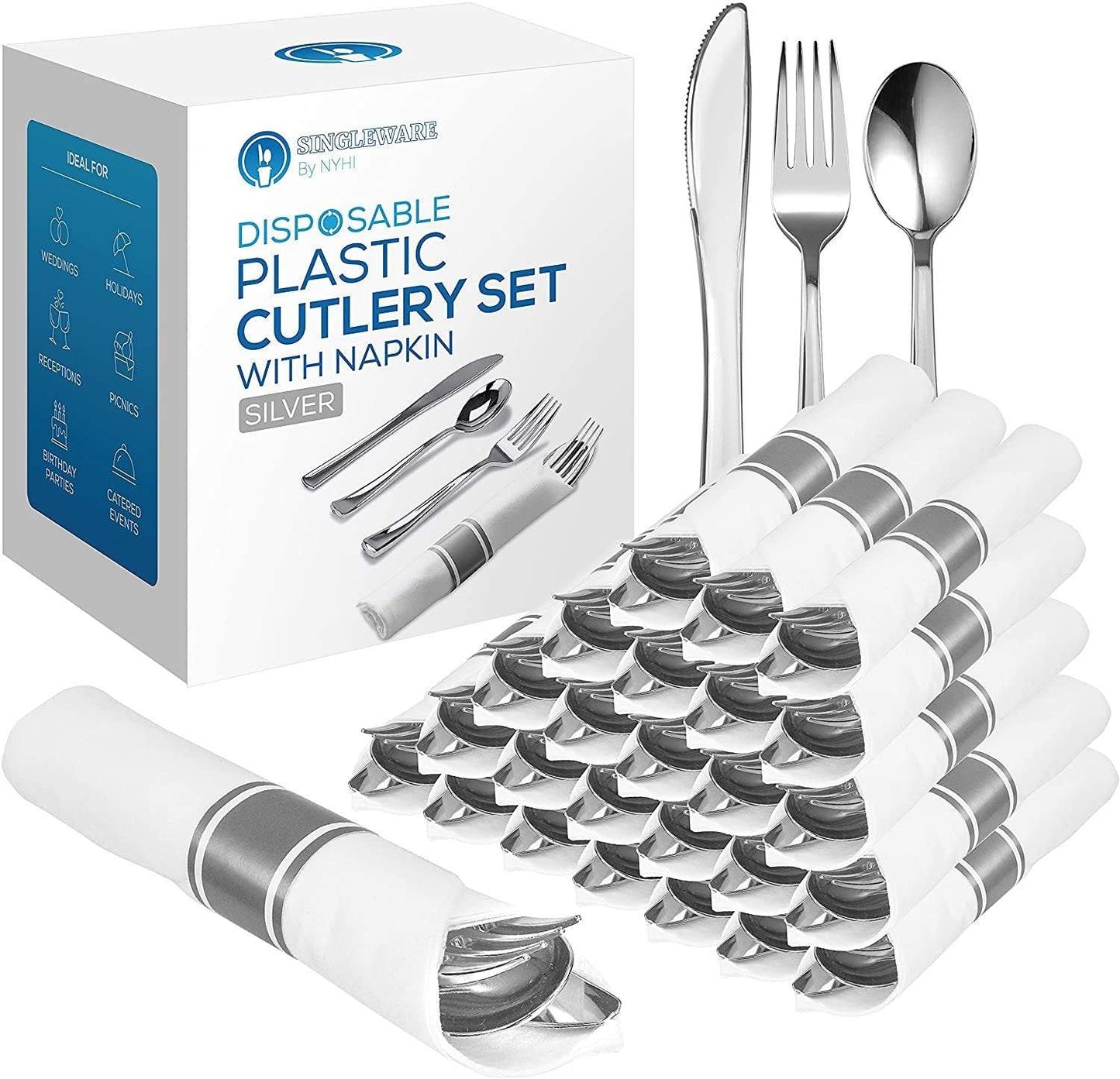 Heavyweight disposable forks, knives, and spoons beautifully presented in pre-rolled party napkins.