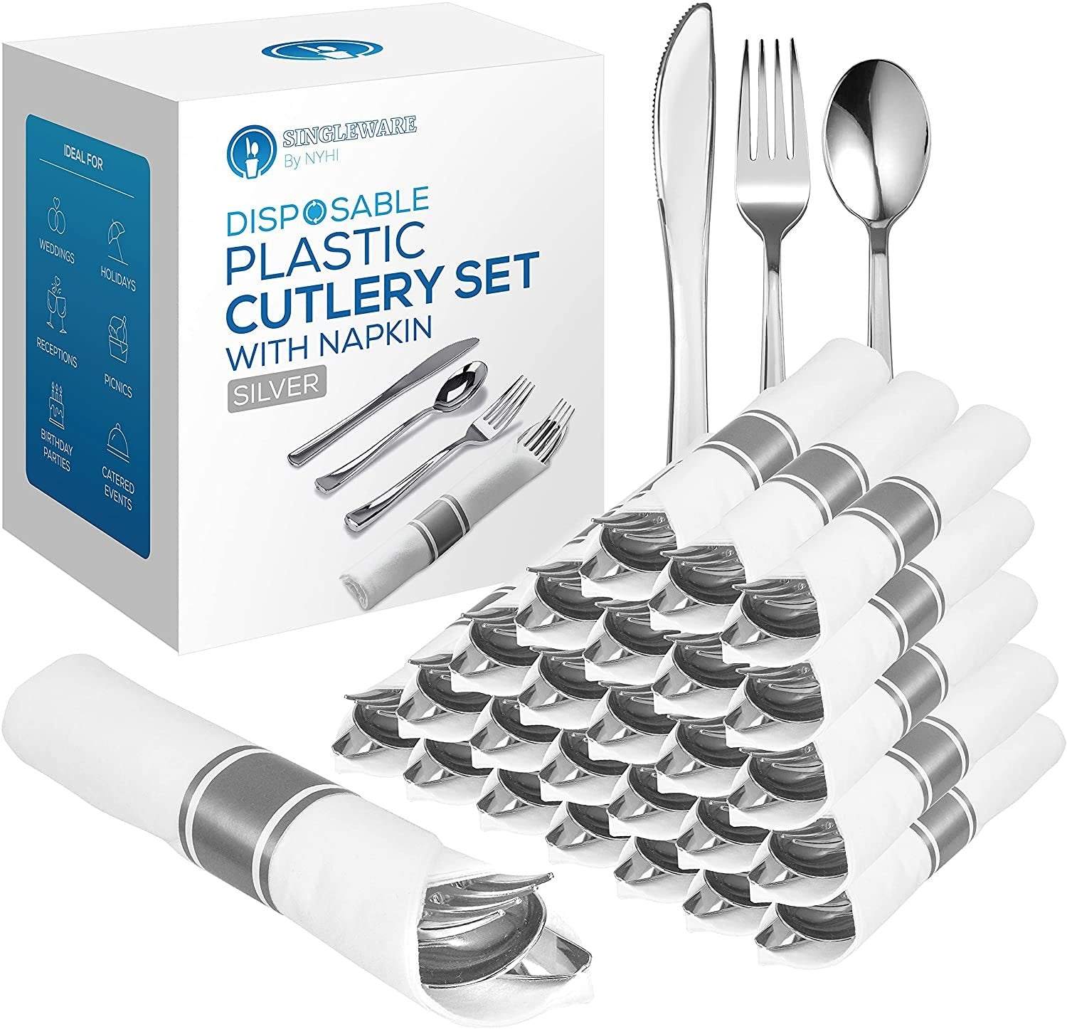 Heavyweight disposable forks, knives, and spoons beautifully presented in pre-rolled party napkins.