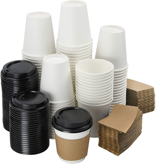NYHI 200-Pack 8 oz White Paper Disposable Cups With Lids And Sleeves– Hot/Cold Beverage Drinking Cup for Water, Juice, Coffee or Tea – Ideal for Water Coolers, Party, or Coffee On the Go’ - NY-HI