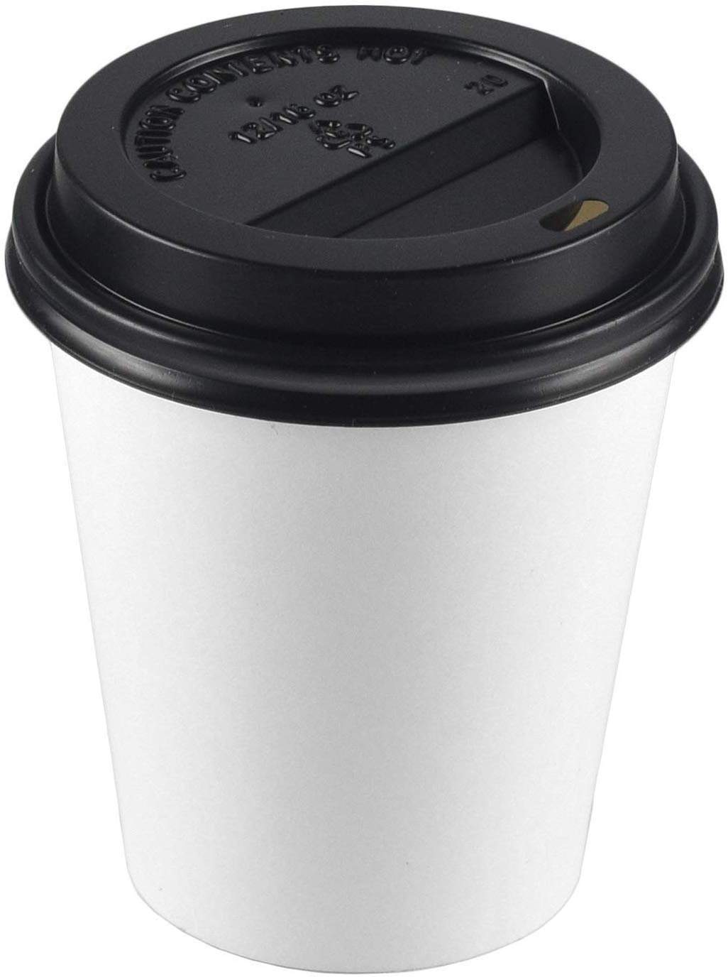 Disposable paper hot cup with black lid, 12 oz, pack of 100, for hot beverages like coffee and tea.